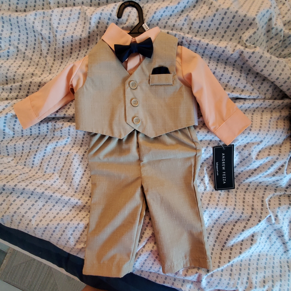 Tan Vest and Pants Set with Peach Shirt and Navy Bow Tie